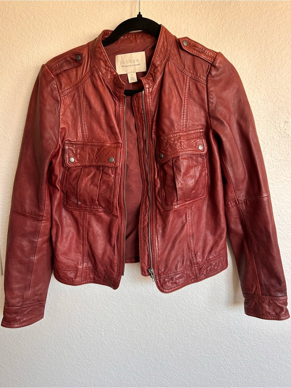 hinge Women's Burgundy Red Leather Zip-Front Jacket
